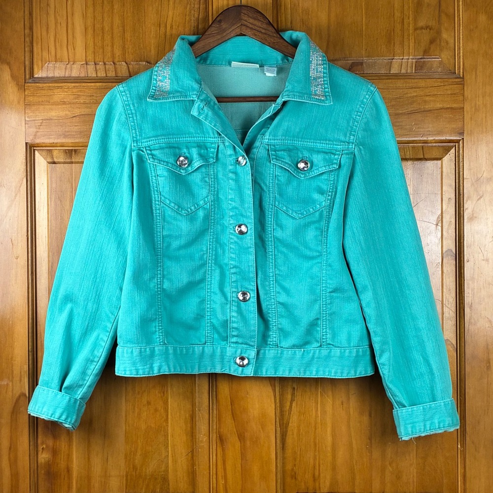 Chicos Platinum Teal Green Rhinestone Collar Denim Trucker Jacket Size 0 S